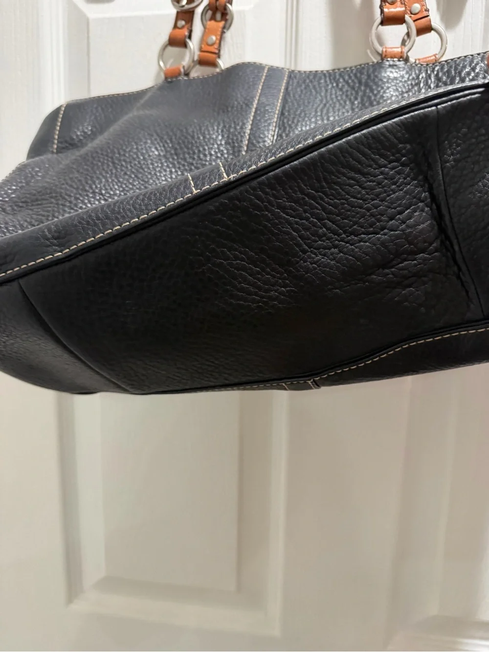 Classic Black Leather Tote with Tan Handles